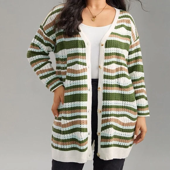 BLOOMCHIC Striped Contrast Button Up Hollow Out Cardigan Size 5X NEW - Picture 1 of 16